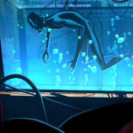 A tall, dark, lanky humanoid figure floats in a tank.